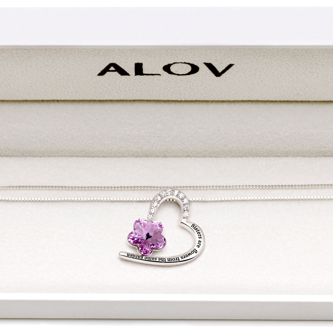 ALOV Jewelry Sterlingsilber-Halskette mit Anhänger „Schwestern sind Blumen aus demselben Garten“, Liebesherz, lila Kristall und Zirkonia