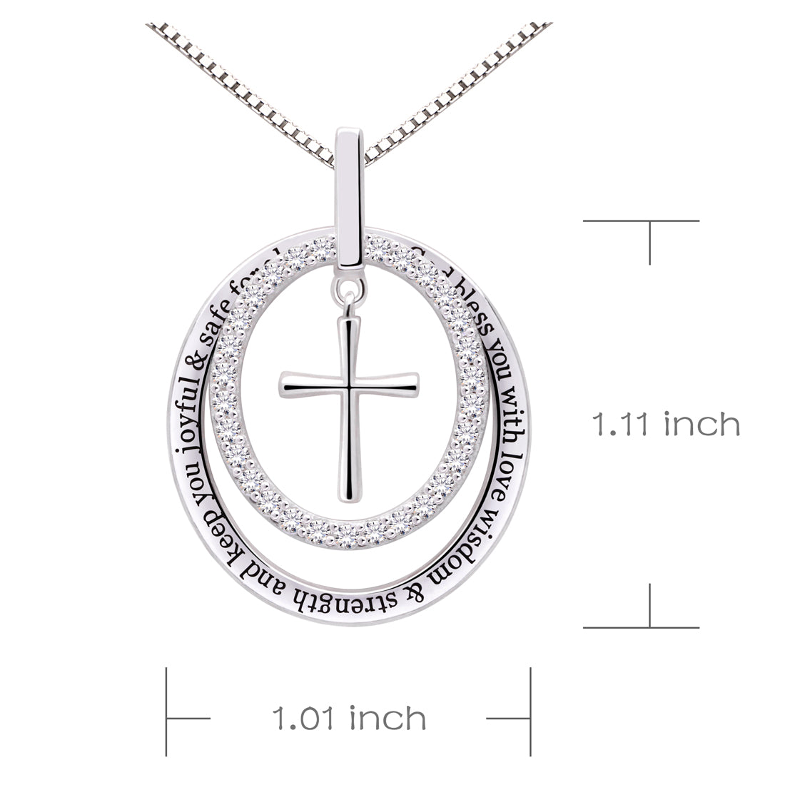 ALOV Jewelry Sterling Silver May God bless you with love wisdom & strength and keep you joyful & safe for always Cubic Zirconia Cross Pendant Necklace