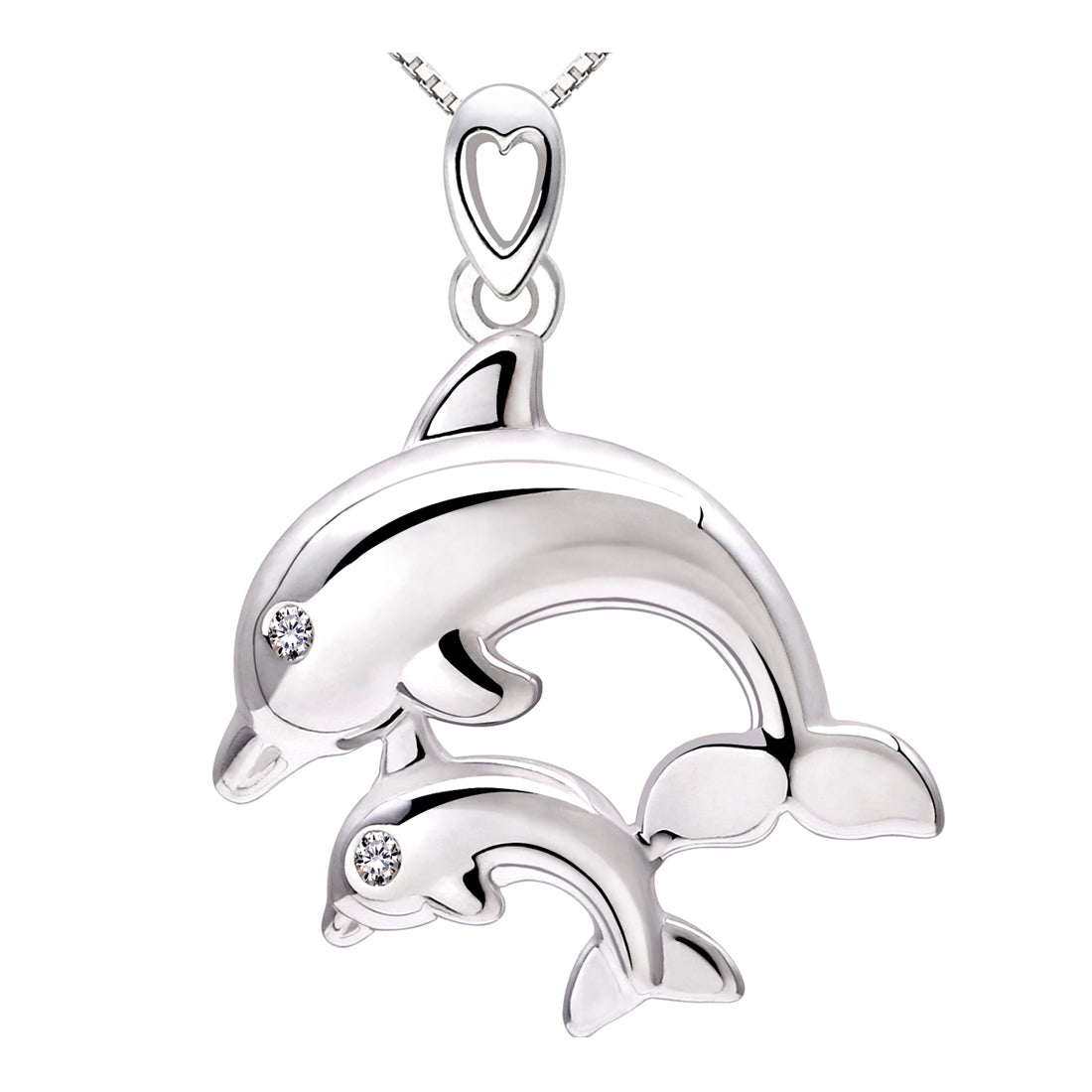 ALOV Jewelry Sterling Silver "I Will Always Love You" Mother and Child Dolphin Cubic Zirconia Pendant Necklace