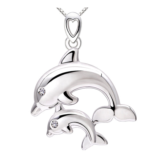 ALOV Jewelry Sterling Silver "I Will Always Love You" Mother and Child Dolphin Cubic Zirconia Pendant Necklace