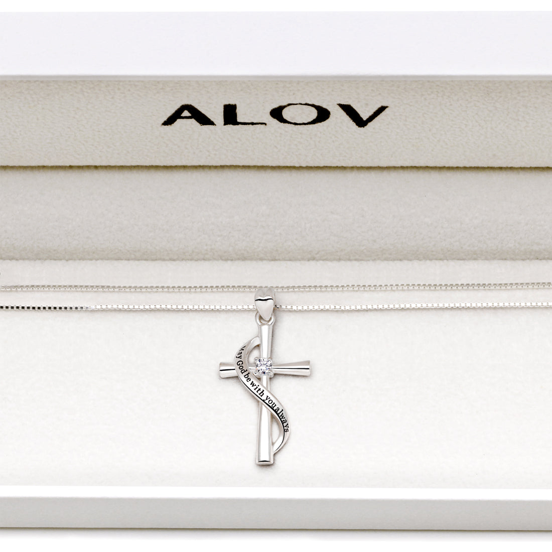 ALOV Jewelry Sterling Silver May God be with You Always Cubic Zirconia Cross Pendant Necklace