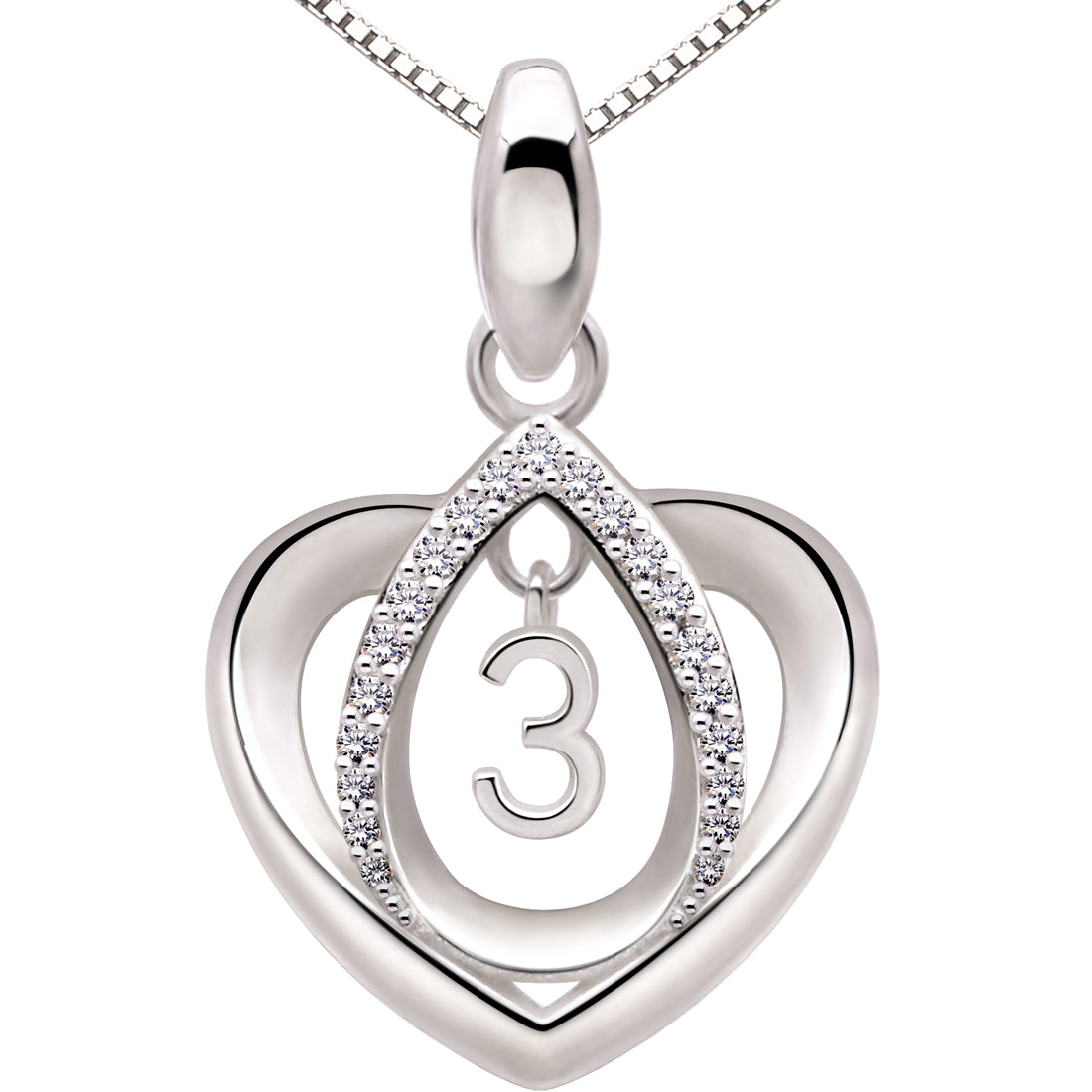 ALOV Jewelry Sterling Silver Lucky Number Anniversary Numeral Love Heart Cubic Zirconia Pendant Necklace
