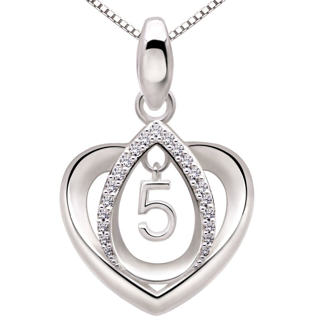 ALOV Jewelry Sterling Silver Lucky Number Anniversary Numeral Love Heart Cubic Zirconia Pendant Necklace