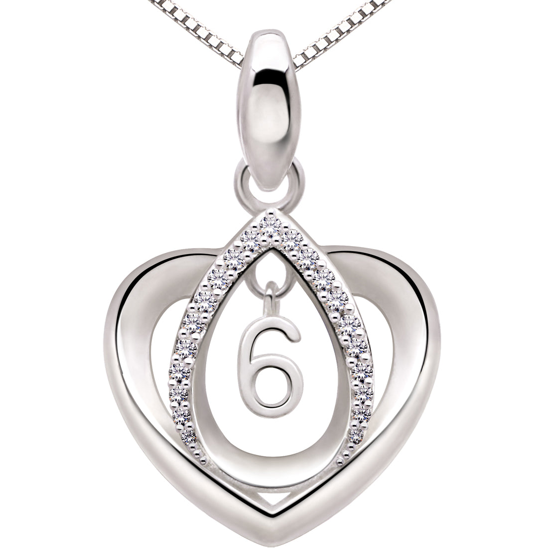 ALOV Jewelry Sterling Silver Lucky Number Anniversary Numeral Love Heart Cubic Zirconia Pendant Necklace