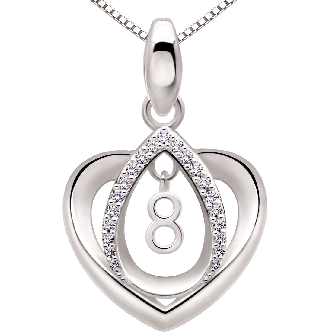 ALOV Jewelry Sterling Silver Lucky Number Anniversary Numeral Love Heart Cubic Zirconia Pendant Necklace