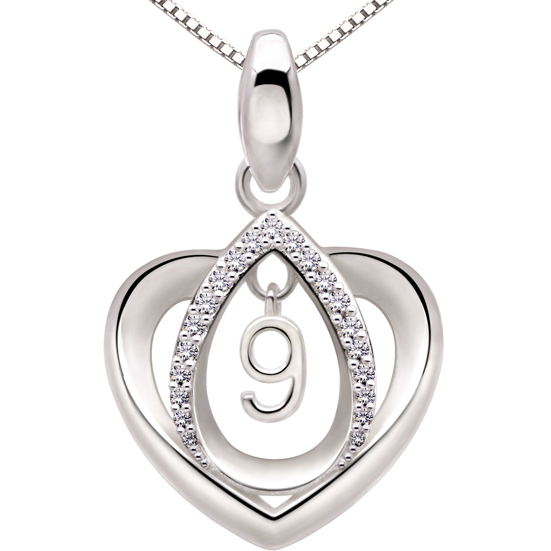 ALOV Jewelry Sterling Silver Lucky Number Anniversary Numeral Love Heart Cubic Zirconia Pendant Necklace