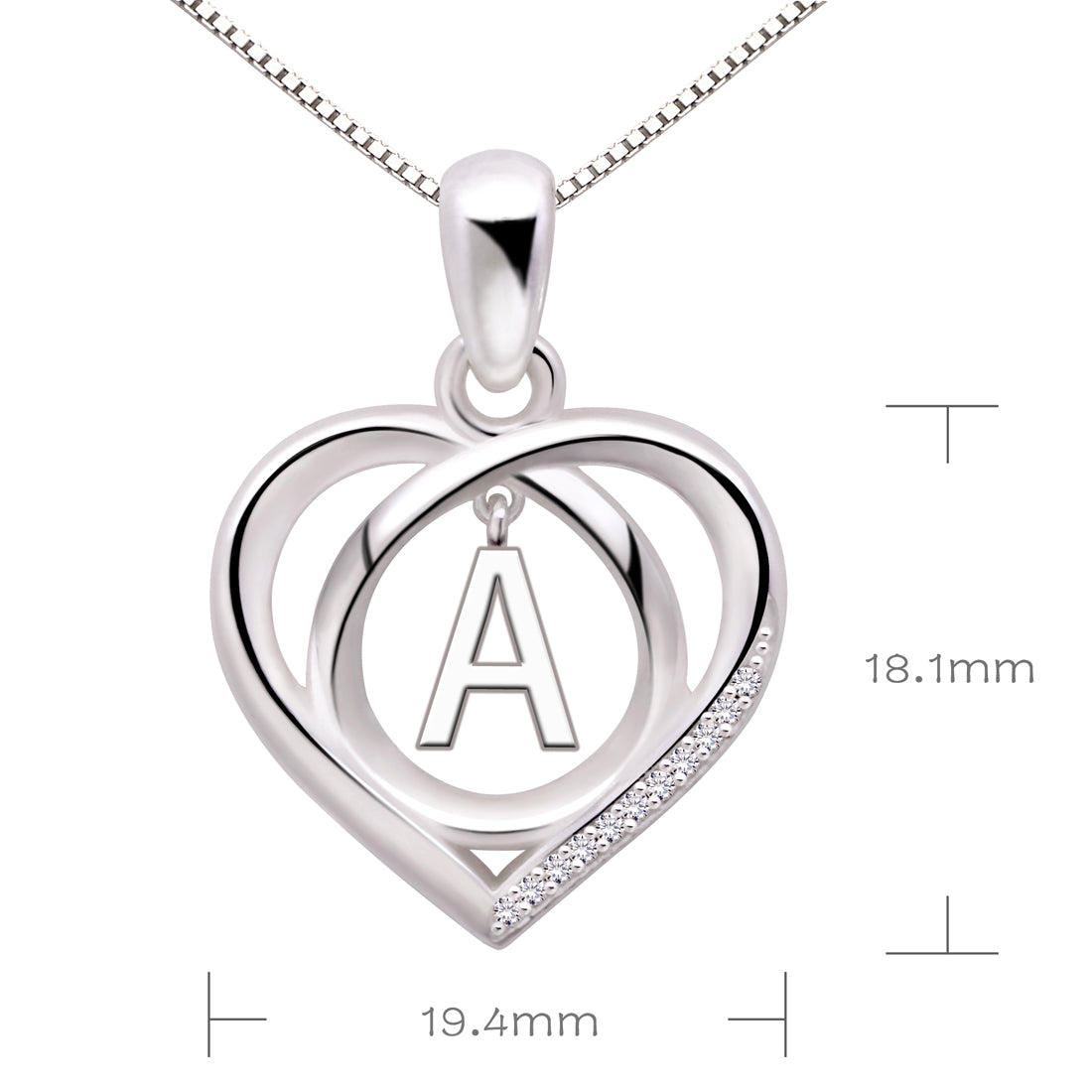 ALOV Jewelry Sterling Silver Initial Letter Alphabet Love Heart Cubic Zirconia Pendant Necklace