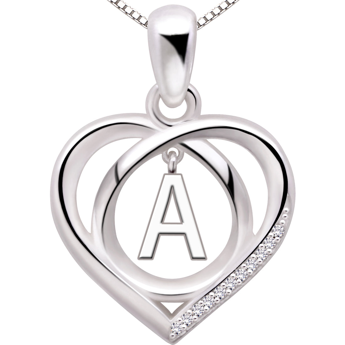 ALOV Jewelry Sterling Silver Initial Letter Alphabet Love Heart Cubic Zirconia Pendant Necklace