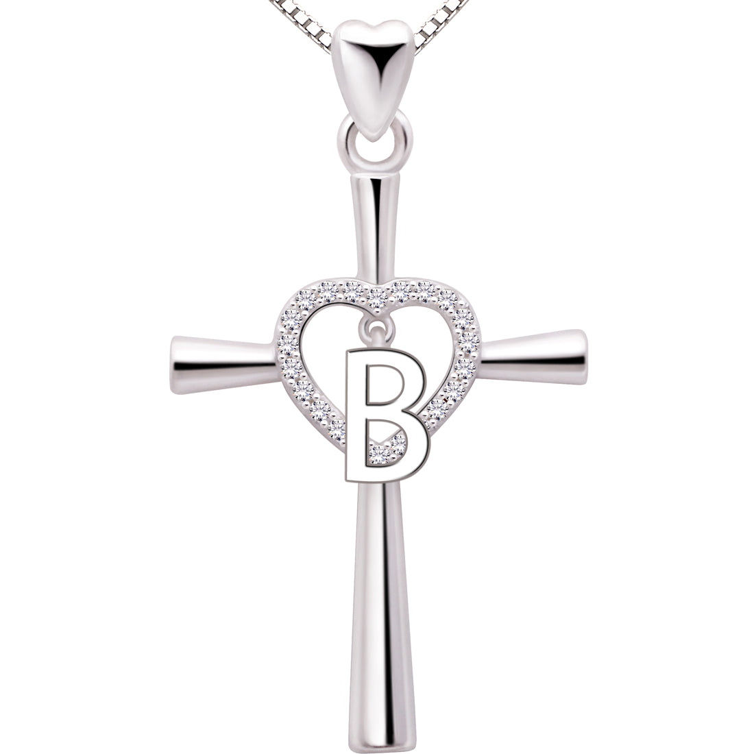ALOV Jewelry Sterling Silver Initial Letter Alphabet Love Heart Cross Cubic Zirconia Pendant Necklace