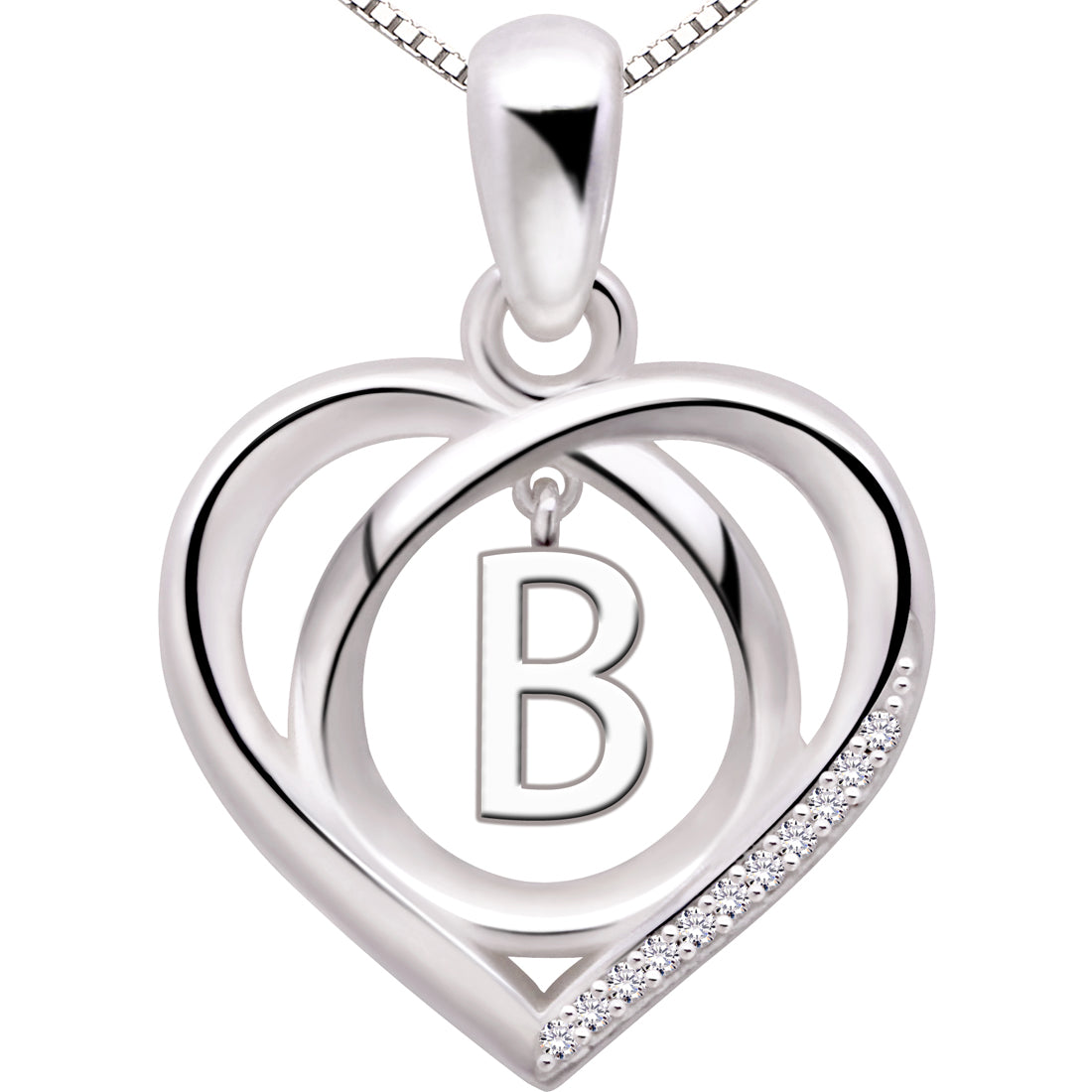 ALOV Jewelry Sterling Silver Initial Letter Alphabet Love Heart Cubic Zirconia Pendant Necklace