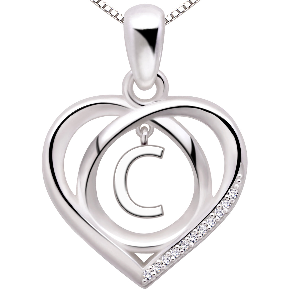 ALOV Jewelry Sterling Silver Initial Letter Alphabet Love Heart Cubic Zirconia Pendant Necklace