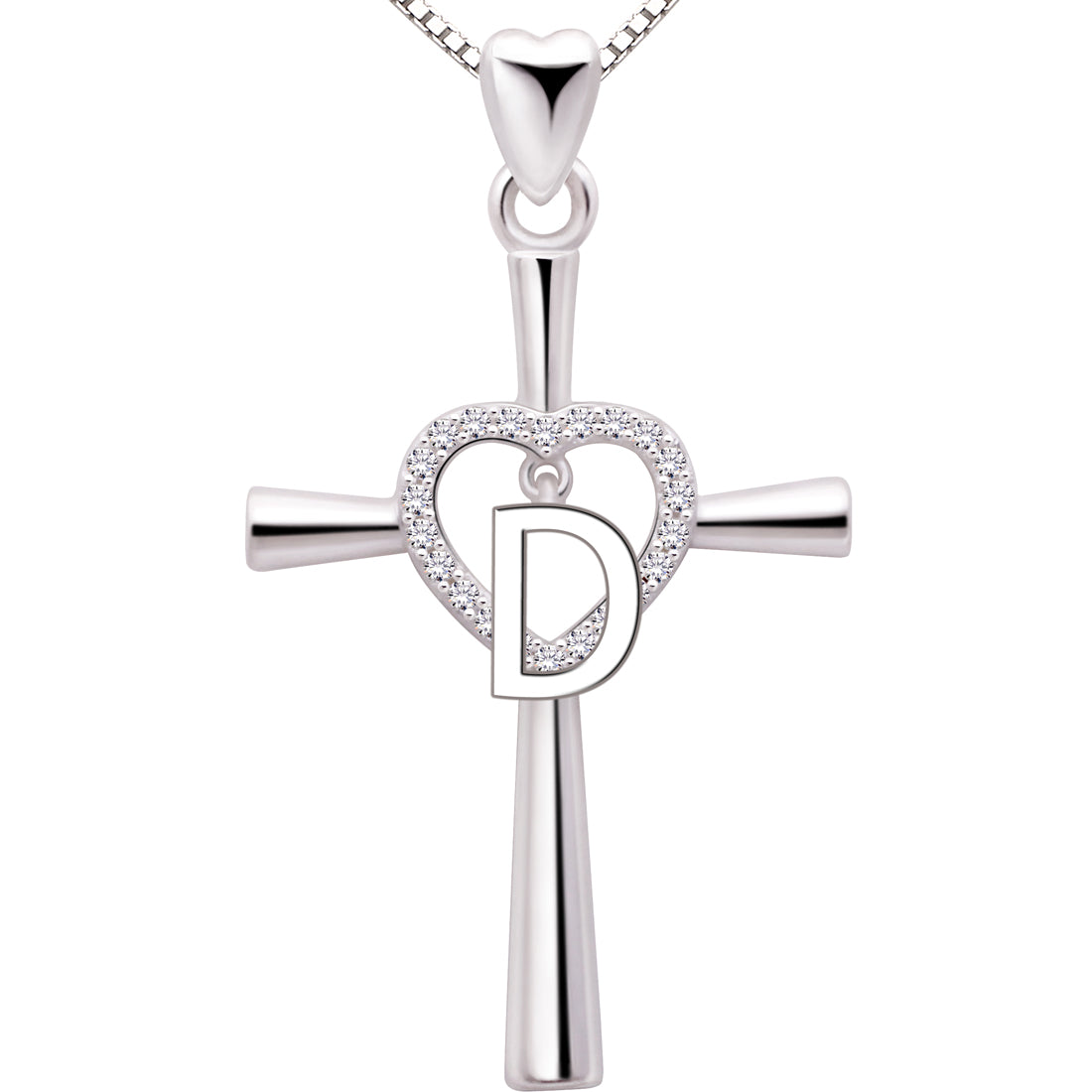 ALOV Jewelry Sterling Silver Initial Letter Alphabet Love Heart Cross Cubic Zirconia Pendant Necklace