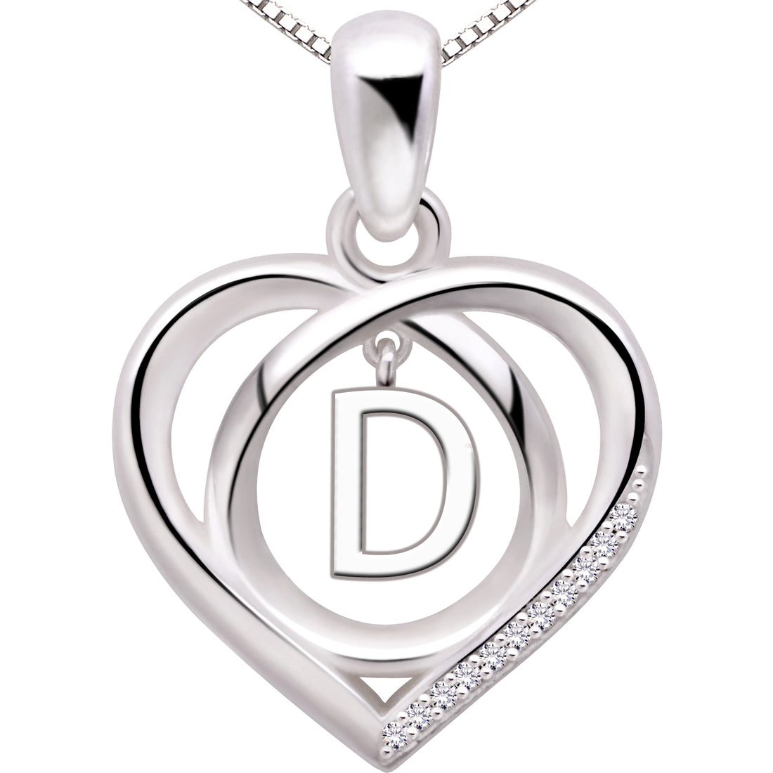 ALOV Jewelry Sterling Silver Initial Letter Alphabet Love Heart Cubic Zirconia Pendant Necklace