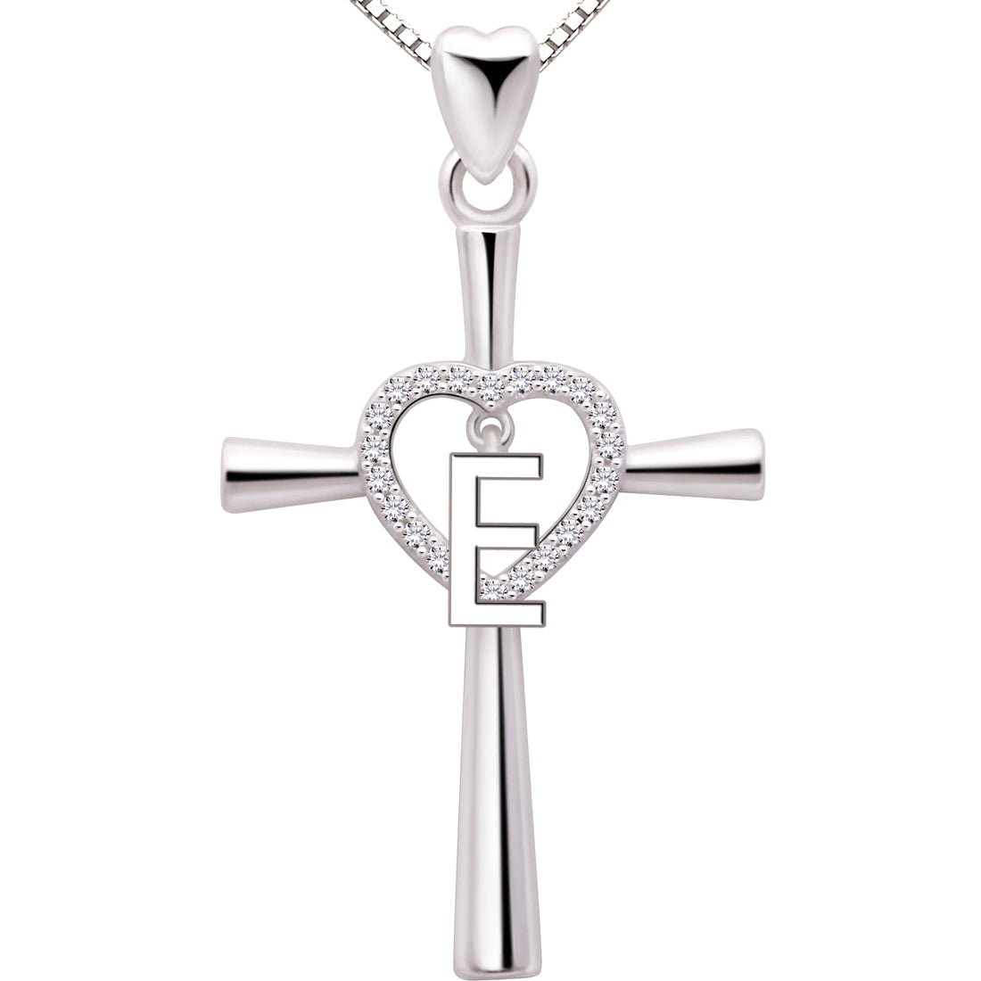 ALOV Jewelry Sterling Silver Initial Letter Alphabet Love Heart Cross Cubic Zirconia Pendant Necklace