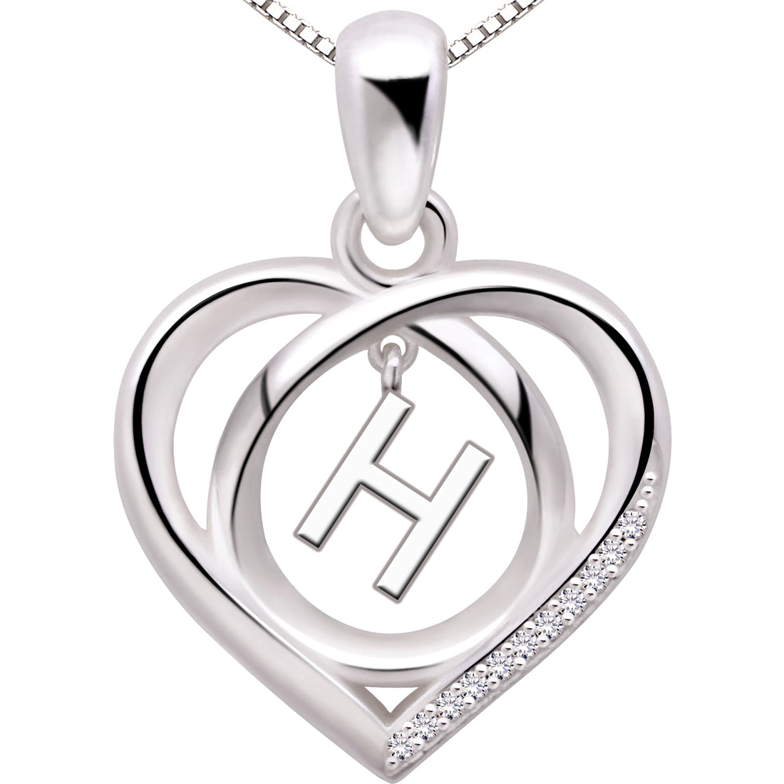 ALOV Jewelry Sterling Silver Initial Letter Alphabet Love Heart Cubic Zirconia Pendant Necklace