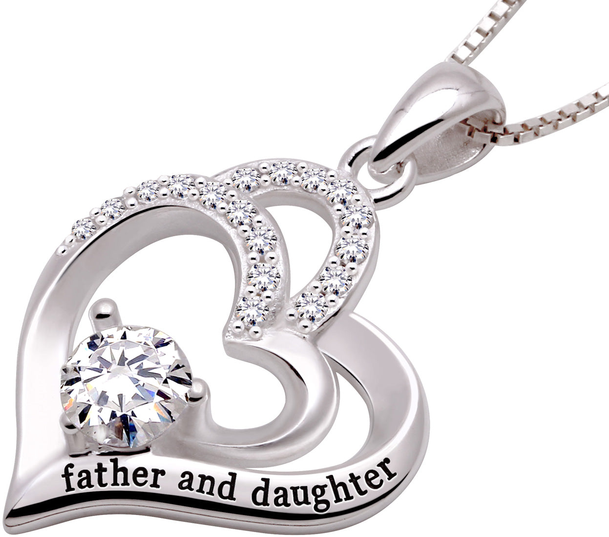 ALOV Jewelry Sterling Silver father and daughter Love Heart Cubic Zirconia Pendant Necklace