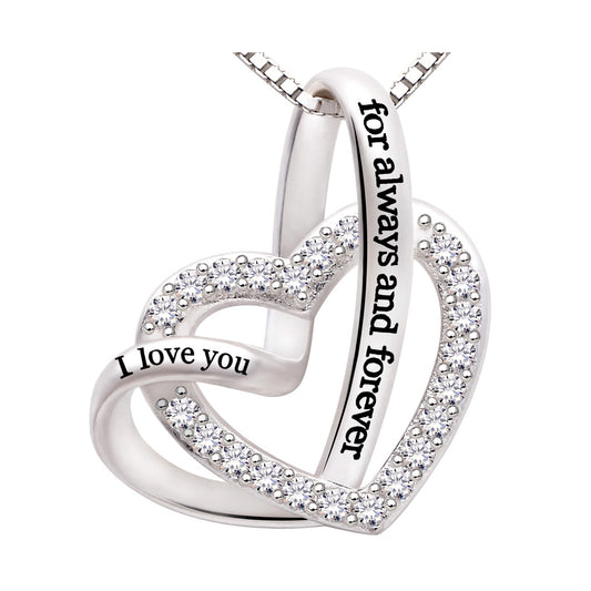 ALOV Jewelry Sterling Silver "I love you for always and forever" Love Heart Cubic Zirconia Necklace