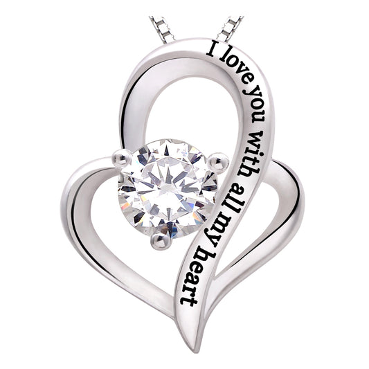 ALOV Jewelry Sterling Silver "I love you with all my heart" Love Heart Cubic Zirconia Necklace