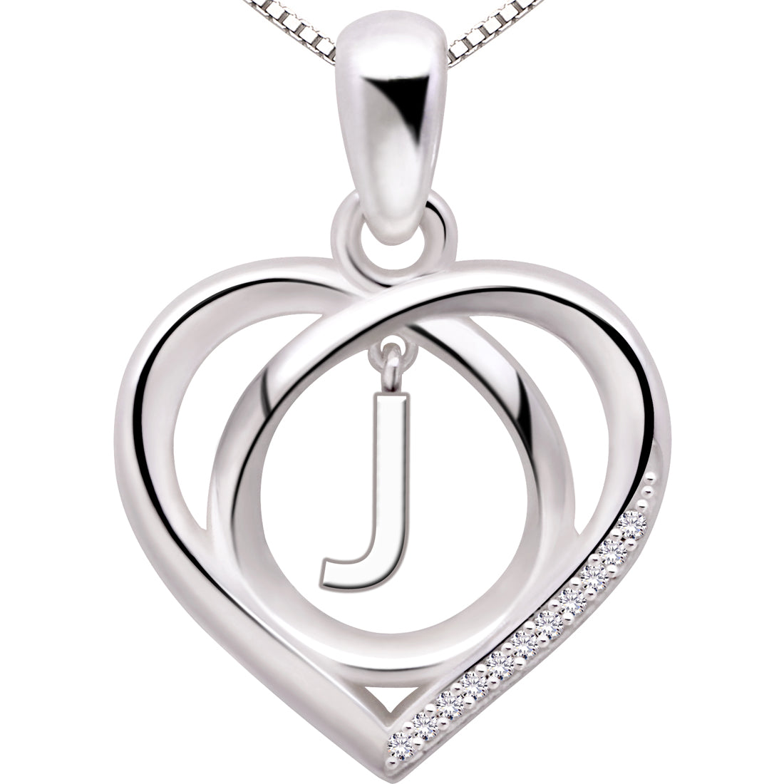 ALOV Jewelry Sterling Silver Initial Letter Alphabet Love Heart Cubic Zirconia Pendant Necklace