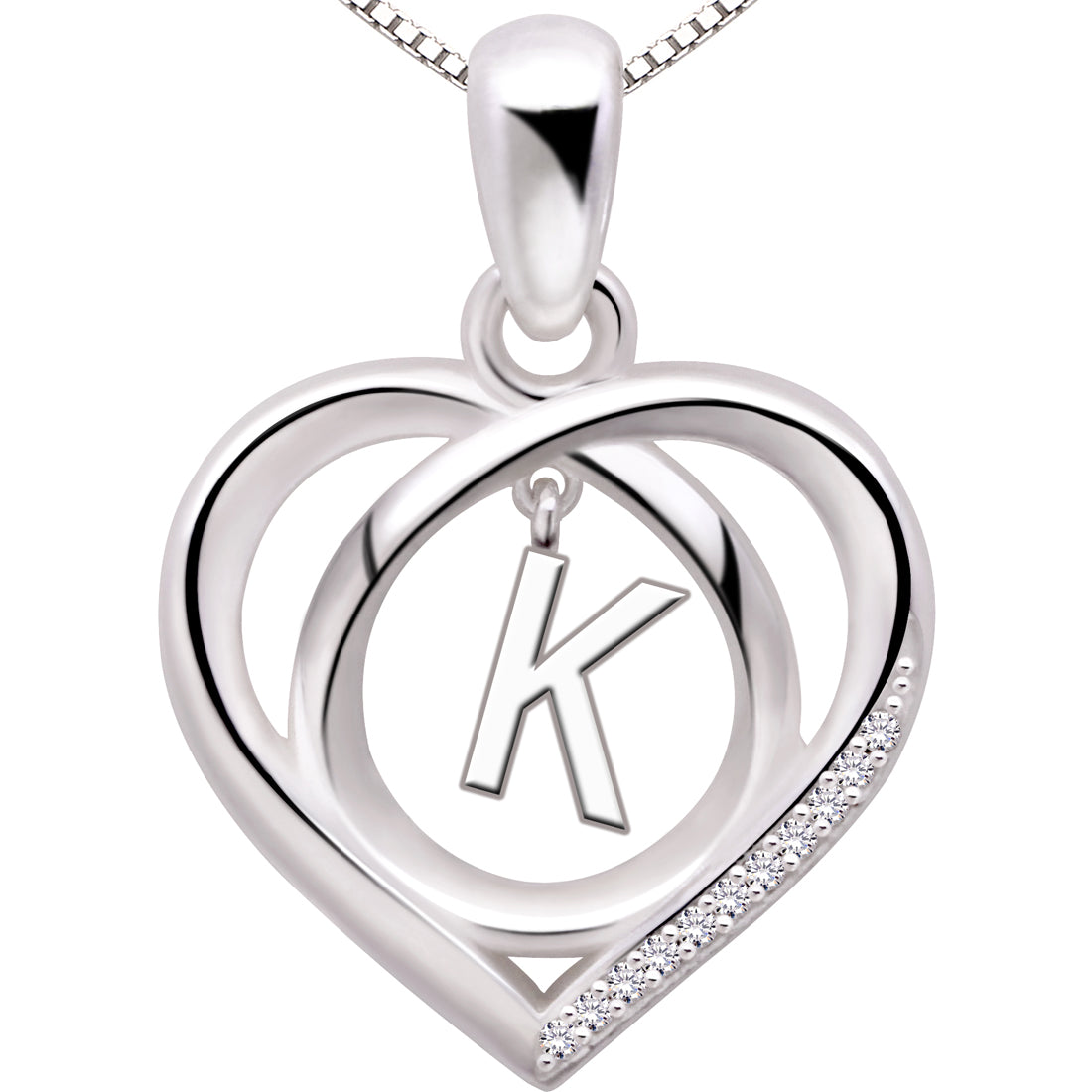 ALOV Jewelry Sterling Silver Initial Letter Alphabet Love Heart Cubic Zirconia Pendant Necklace