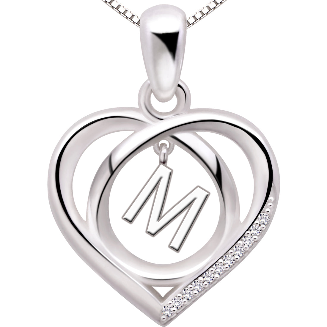 ALOV Jewelry Sterling Silver Initial Letter Alphabet Love Heart Cubic Zirconia Pendant Necklace