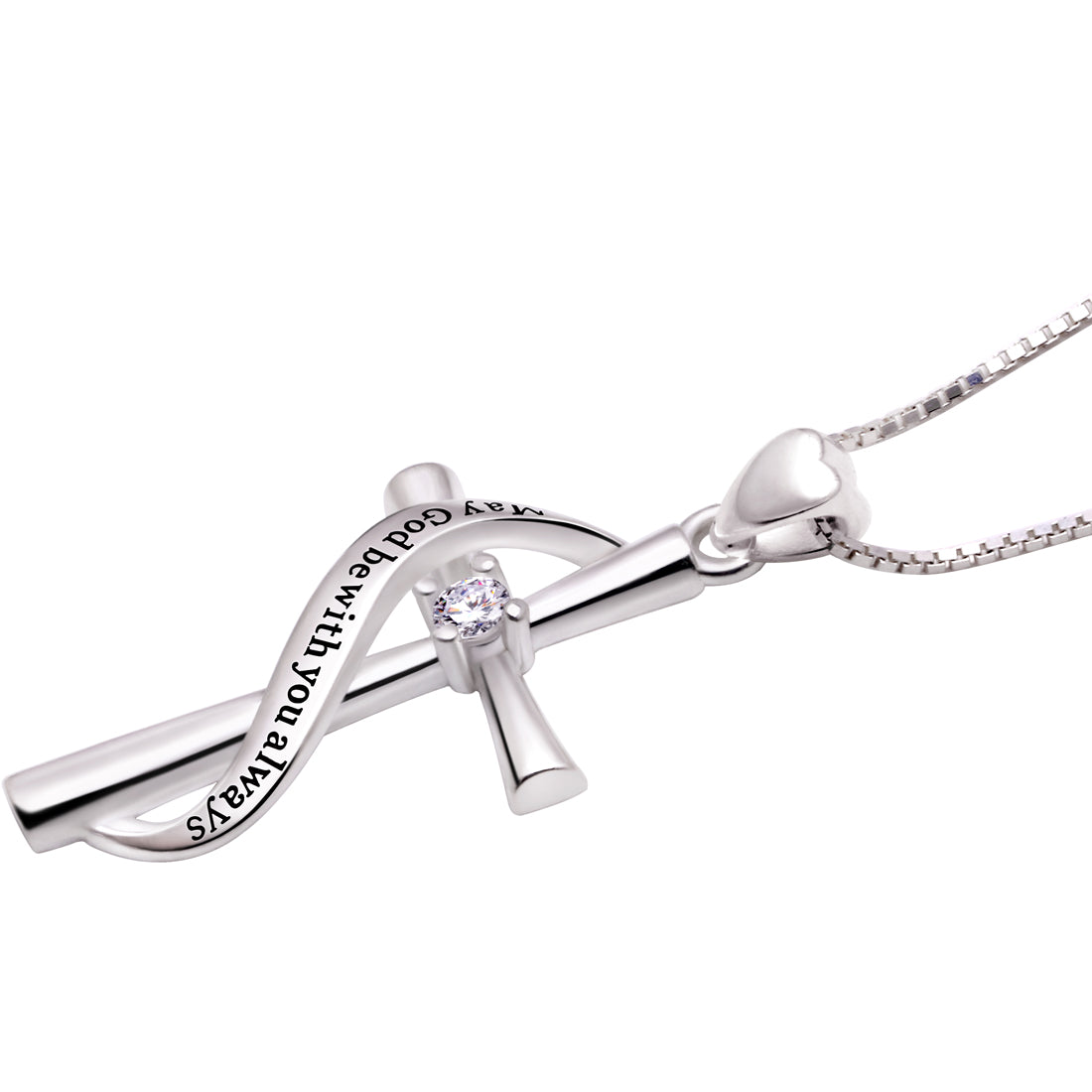 ALOV Jewelry Sterling Silver May God be with You Always Cubic Zirconia Cross Pendant Necklace