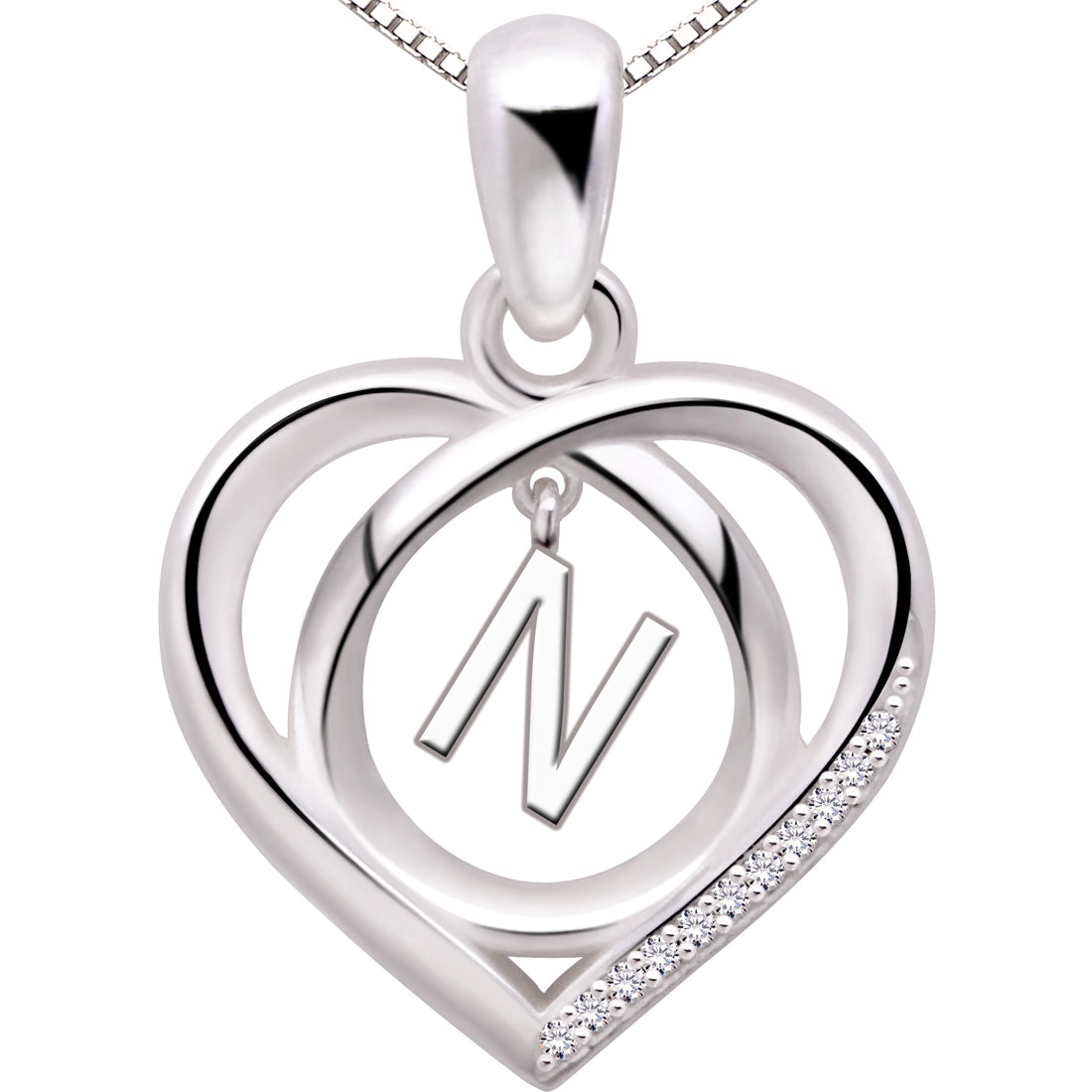 ALOV Jewelry Sterling Silver Initial Letter Alphabet Love Heart Cubic Zirconia Pendant Necklace