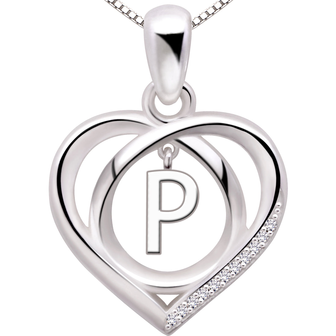 ALOV Jewelry Sterling Silver Initial Letter Alphabet Love Heart Cubic Zirconia Pendant Necklace