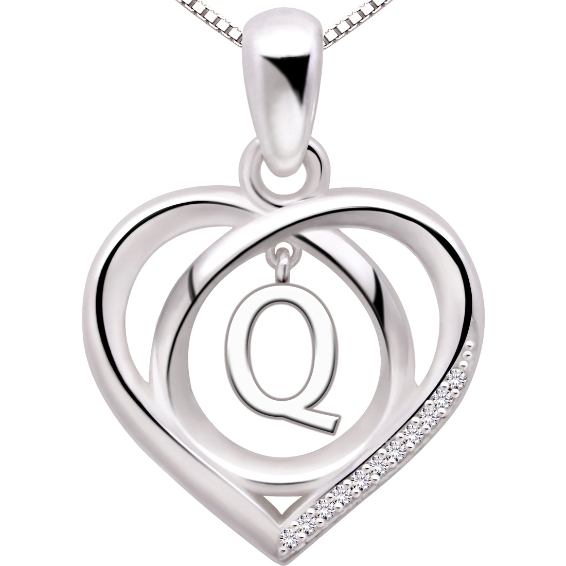 ALOV Jewelry Sterling Silver Initial Letter Alphabet Love Heart Cubic Zirconia Pendant Necklace