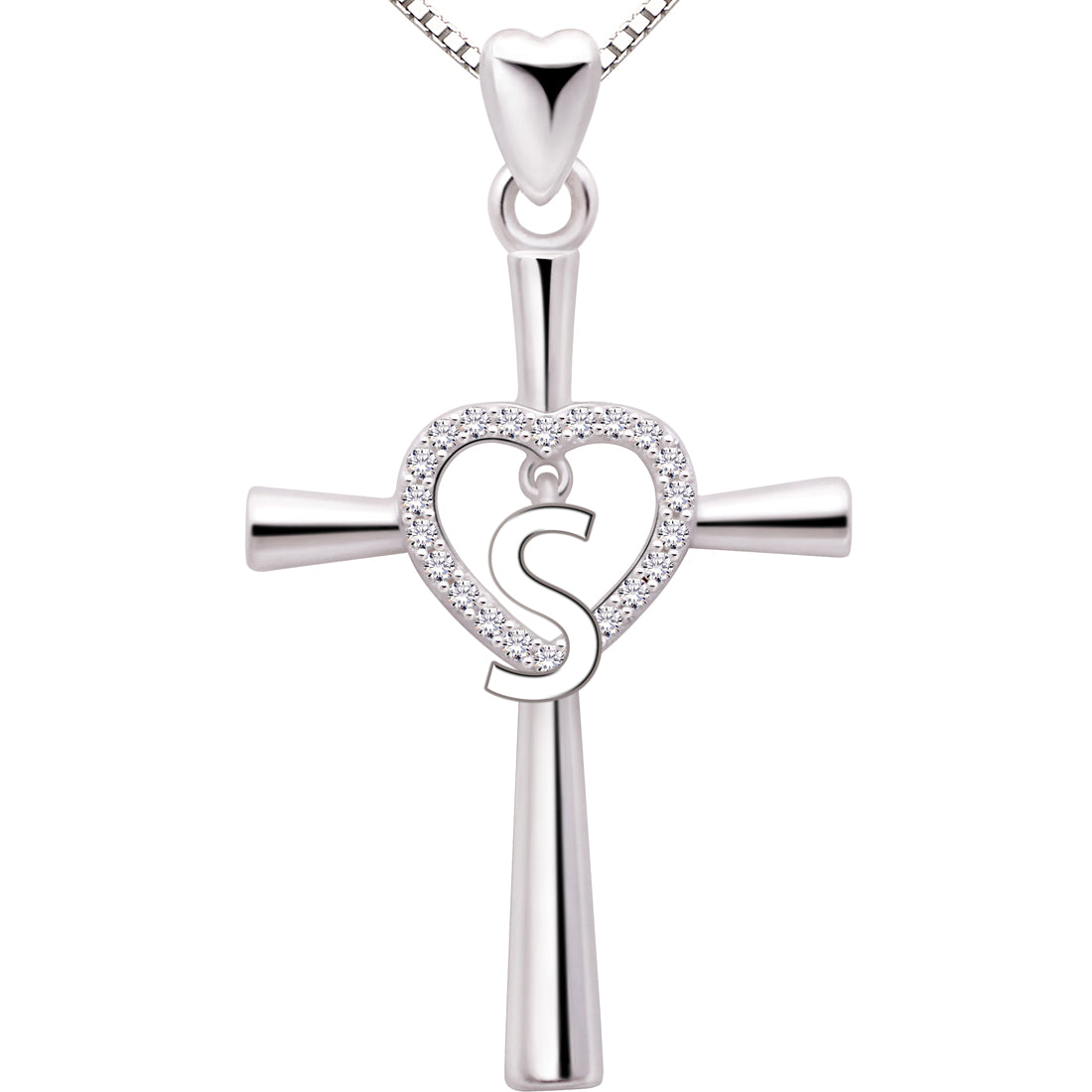 ALOV Jewelry Sterling Silver Initial Letter Alphabet Love Heart Cross Cubic Zirconia Pendant Necklace