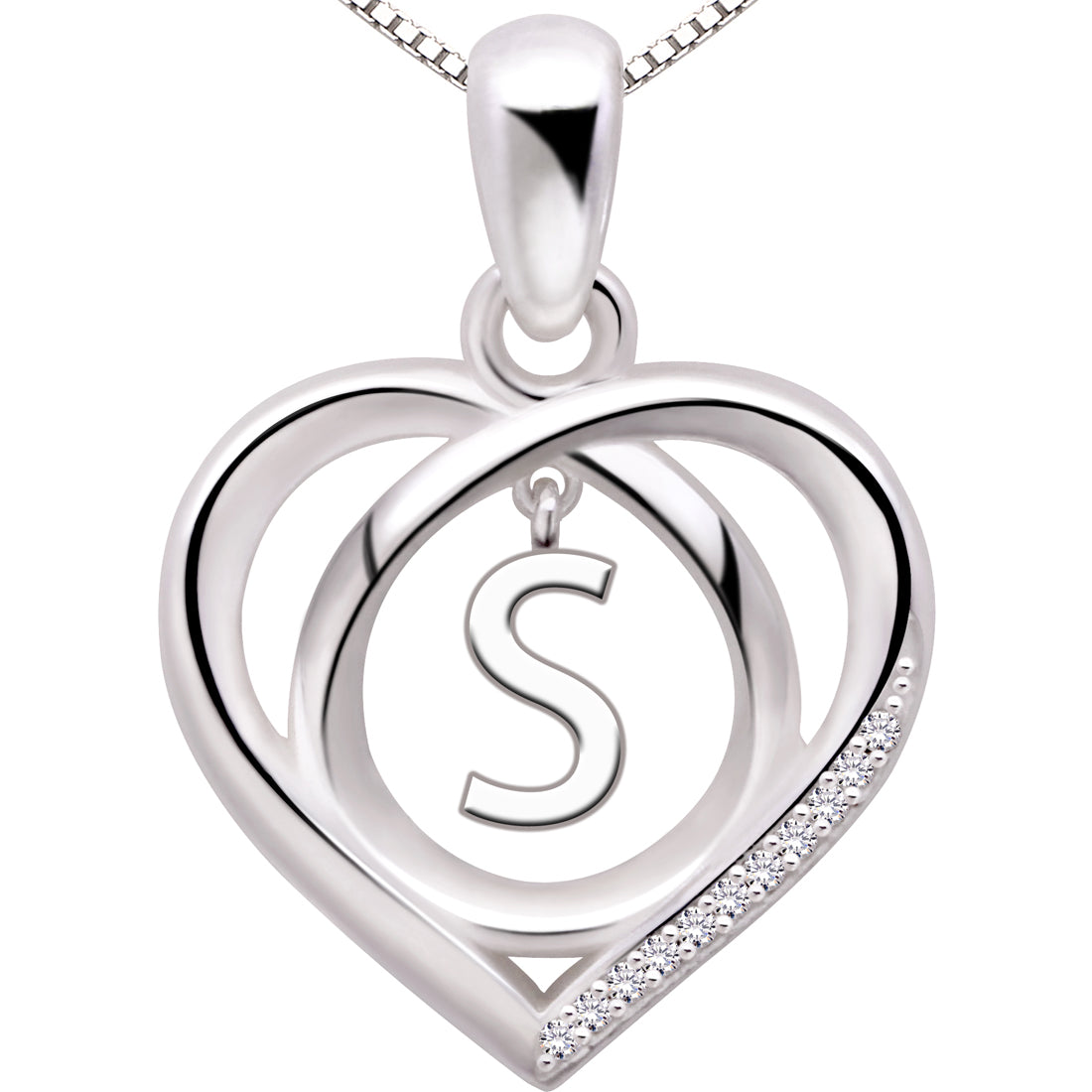 ALOV Jewelry Sterling Silver Initial Letter Alphabet Love Heart Cubic Zirconia Pendant Necklace