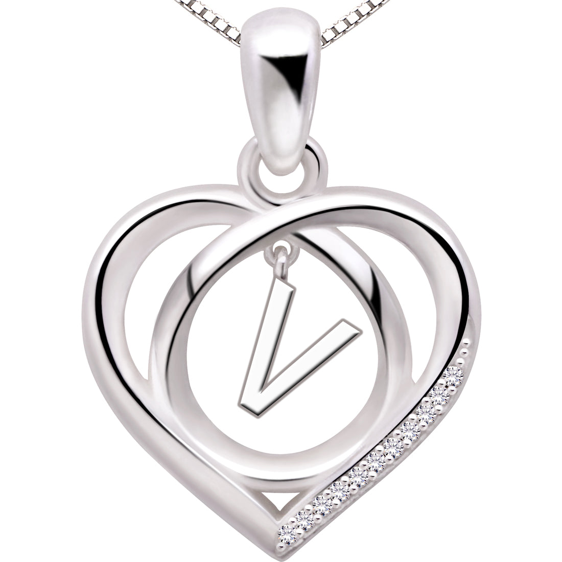 ALOV Jewelry Sterling Silver Initial Letter Alphabet Love Heart Cubic Zirconia Pendant Necklace