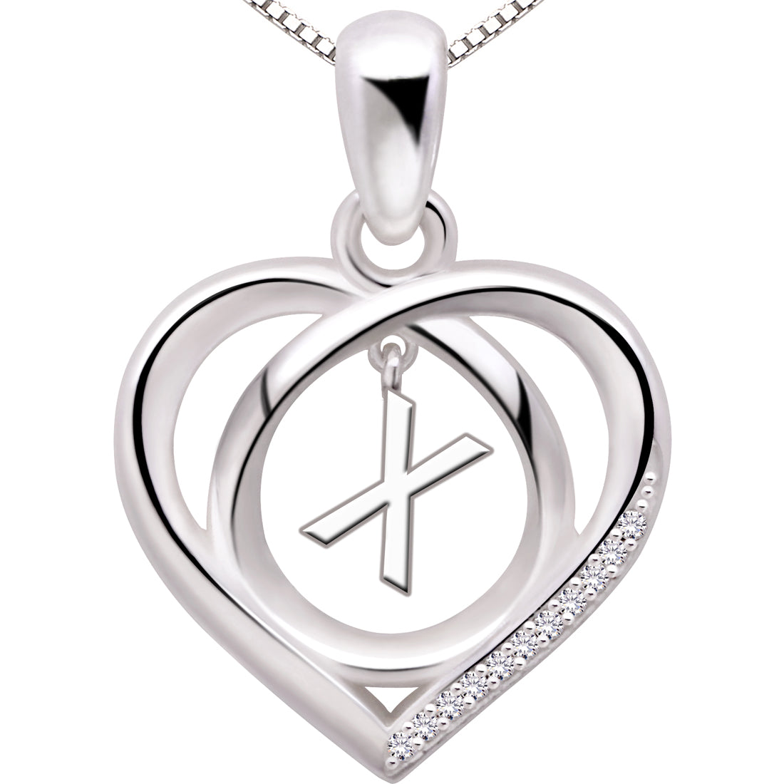ALOV Jewelry Sterling Silver Initial Letter Alphabet Love Heart Cubic Zirconia Pendant Necklace