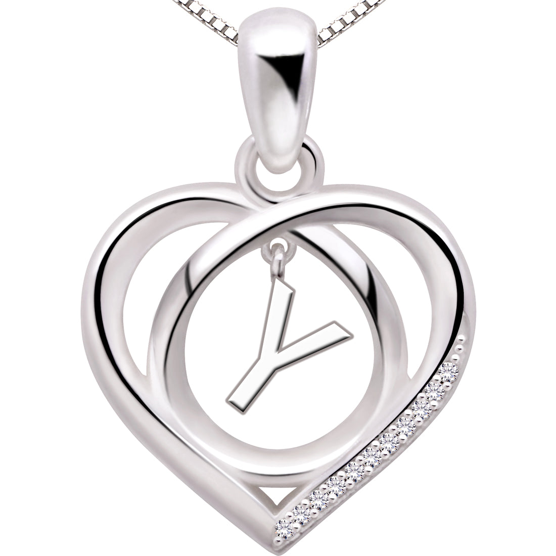 ALOV Jewelry Sterling Silver Initial Letter Alphabet Love Heart Cubic Zirconia Pendant Necklace