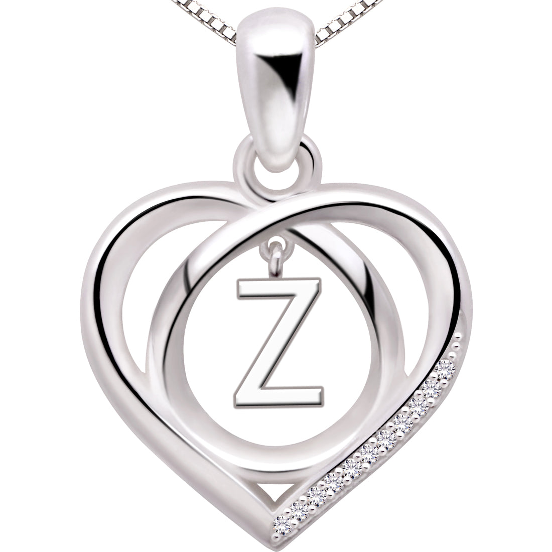 ALOV Jewelry Sterling Silver Initial Letter Alphabet Love Heart Cubic Zirconia Pendant Necklace