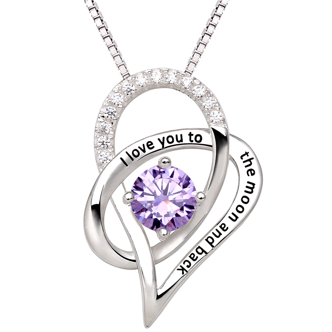 ALOV Jewelry Sterling Silver Birth Month "I Love You To The Moon and Back" Love Heart Cubic Zirconia Pendant Necklace