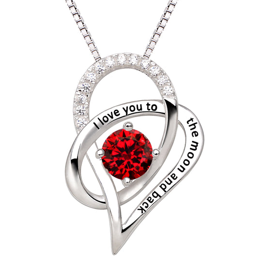 ALOV Jewelry Geburtsmonats-Halskette mit Anhänger „I Love You To The Moon and Back“ aus Sterlingsilber mit Liebesherz und kubischem Zirkonia