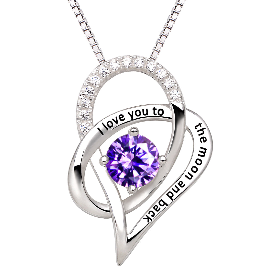 ALOV Jewelry Sterling Silver Birth Month "I Love You To The Moon and Back" Love Heart Cubic Zirconia Pendant Necklace