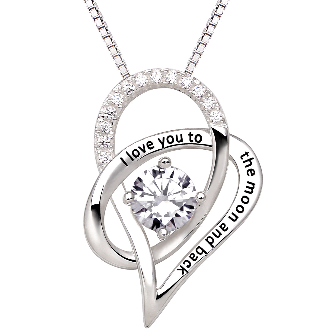 ALOV Jewelry Sterling Silver Birth Month "I Love You To The Moon and Back" Love Heart Cubic Zirconia Pendant Necklace