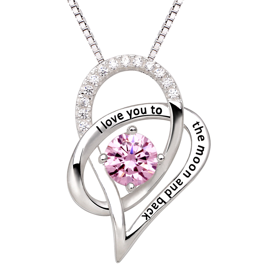 ALOV Jewelry Sterling Silver Birth Month "I Love You To The Moon and Back" Love Heart Cubic Zirconia Pendant Necklace