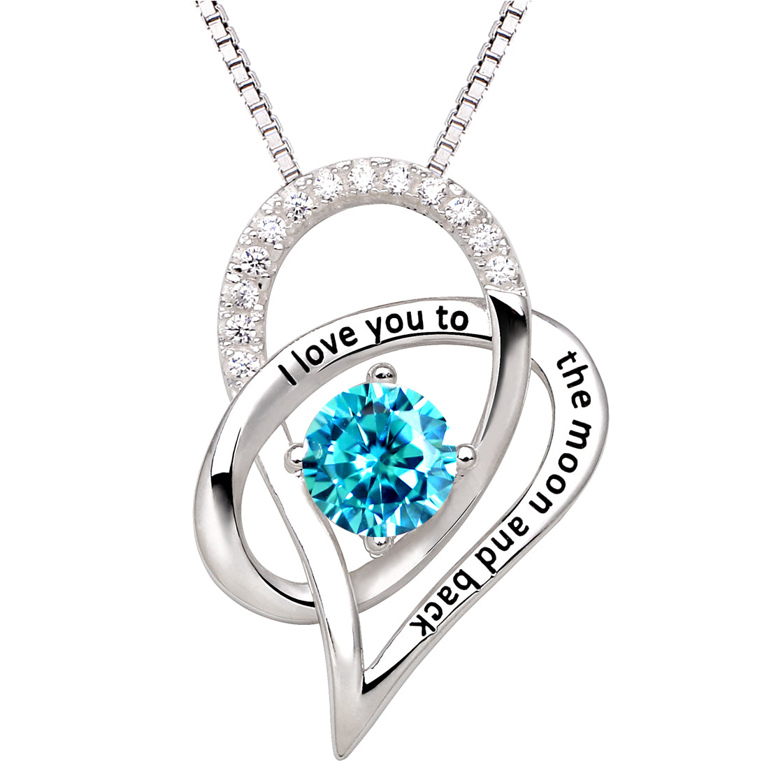 ALOV Jewelry Sterling Silver Birth Month "I Love You To The Moon and Back" Love Heart Cubic Zirconia Pendant Necklace