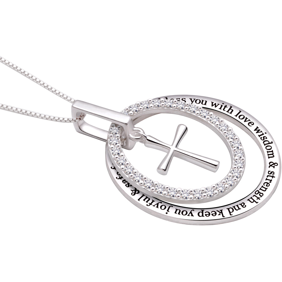 ALOV Jewelry Sterling Silver May God bless you with love wisdom & strength and keep you joyful & safe for always Cubic Zirconia Cross Pendant Necklace
