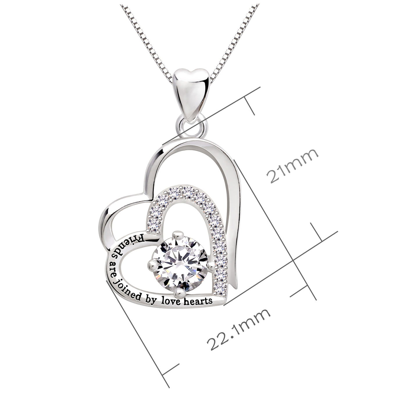 ALOV Jewelry Sterling Silver "Friends are joined by love hearts" Double Love Heart Cubic Zirconia Pendant Necklace