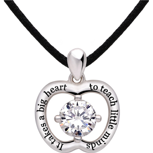 ALOV Jewelry Sterling Silver "It takes a big heart to teach little minds" Cubic Zirconia Apple Pendant Necklace for Teacher