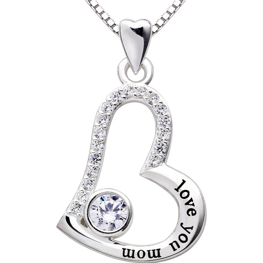 ALOV Jewelry Sterlingsilber-Halskette „Love You Mom“, Liebesherz, kubischer Zirkonia, Mutter-Anhänger-Halskette