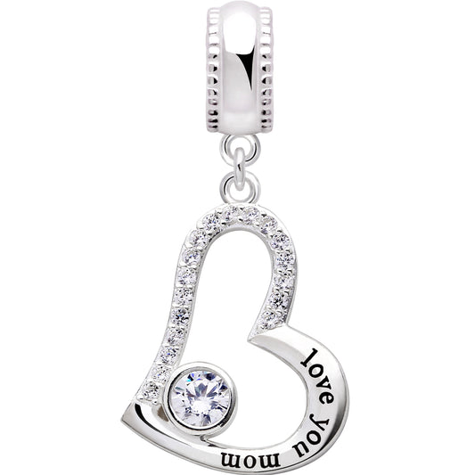 ALOV Sterling Silver "love you mom" Cubic Zirconia Pendant Bead Charm