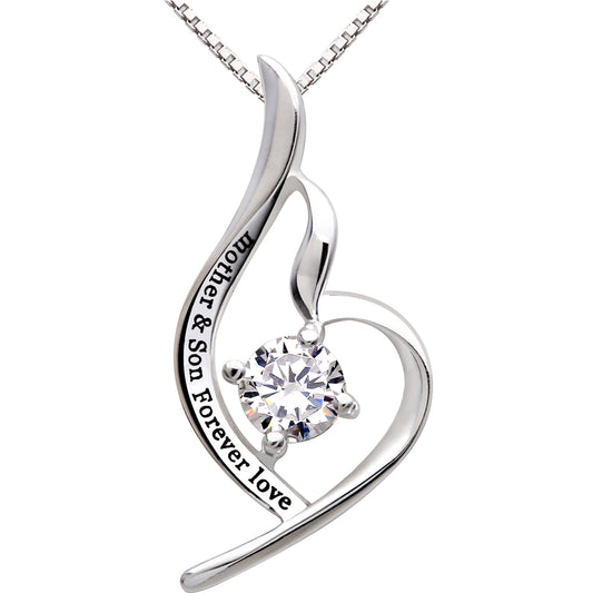 ALOV Jewelry Sterling Silver "mother & son forever love" Cubic Zirconia Pendant Necklace