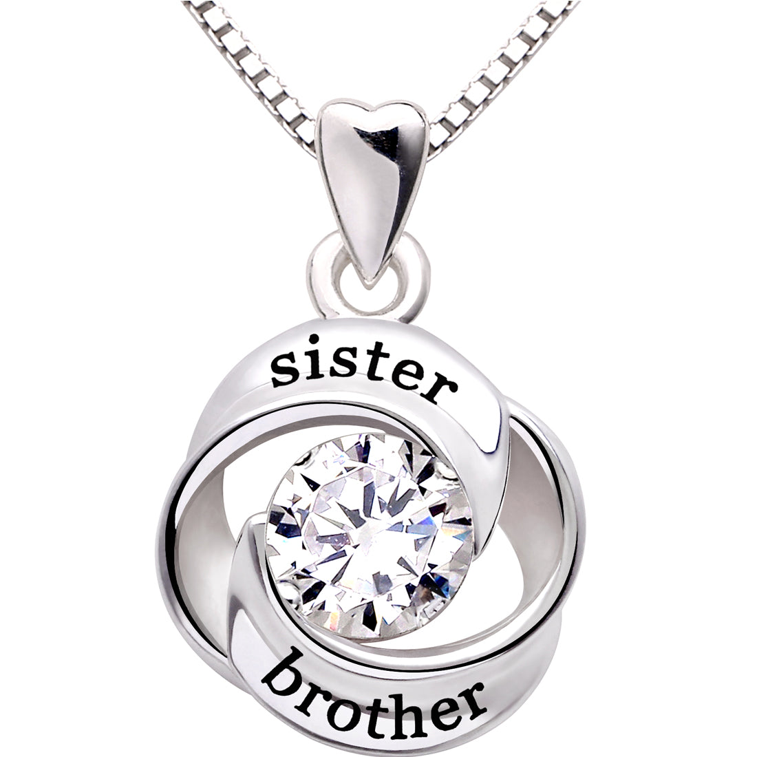 ALOV Jewelry Sterling Silver sister and brother Love Heart Cubic Zirconia Pendant Necklace
