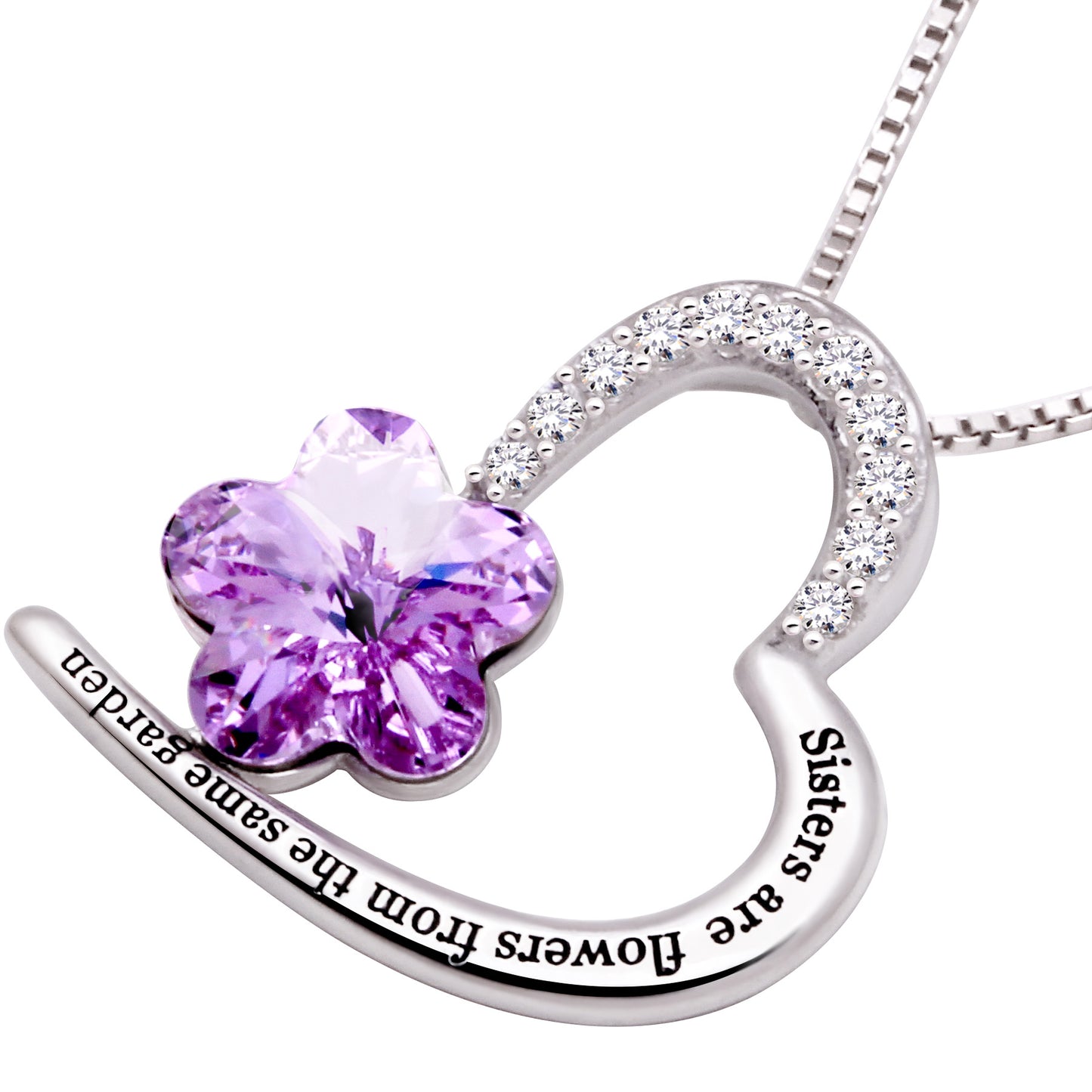 ALOV Jewelry Sterlingsilber-Halskette mit Anhänger „Schwestern sind Blumen aus demselben Garten“, Liebesherz, lila Kristall und Zirkonia