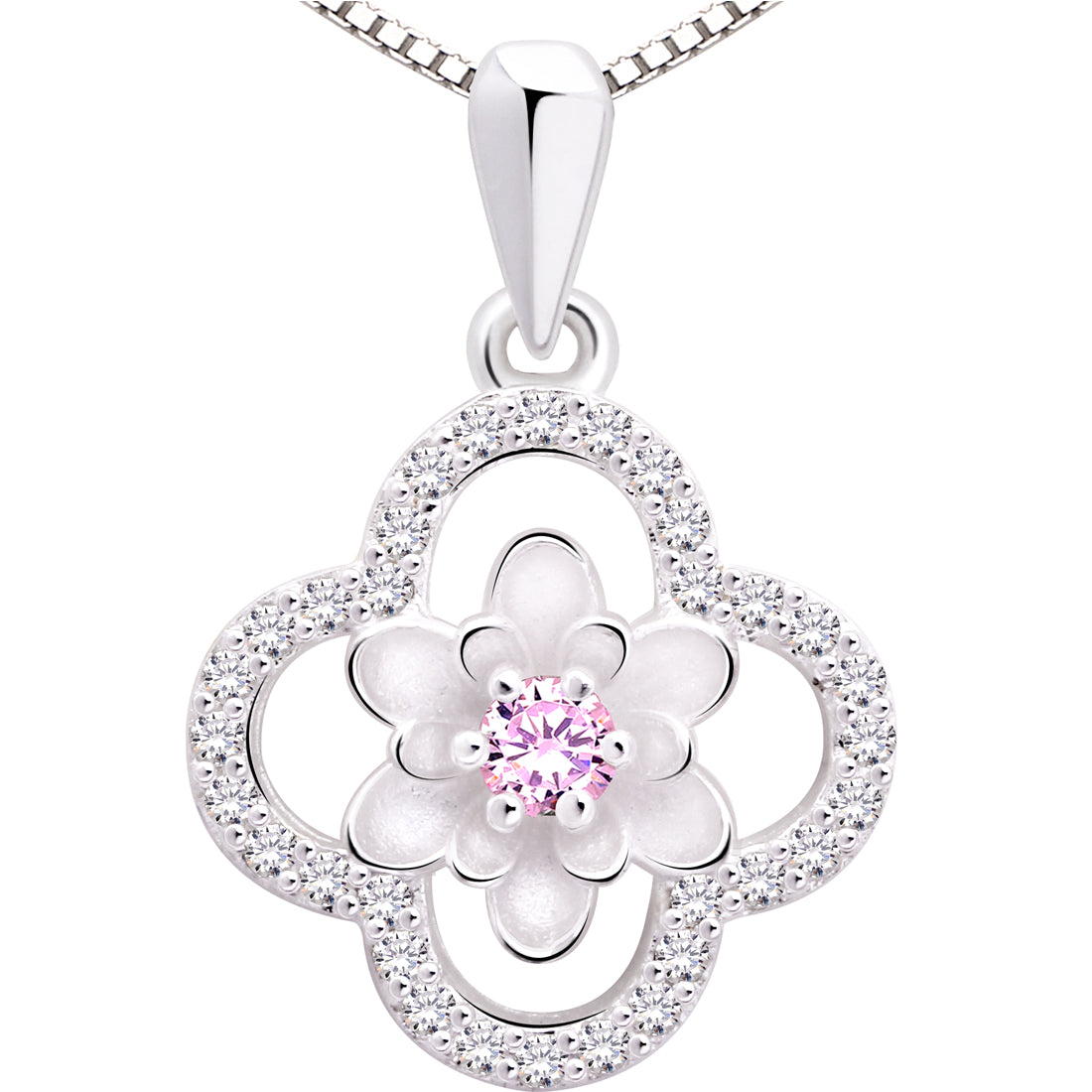 ALOV Jewelry Sterling Silver Four Leaf Clover Cubic Zirconia Pendant Necklace
